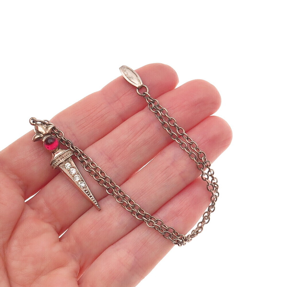 925 Sterling Silver Gold Plated Antique Art Deco Rhinestone Dagger Chain Fob